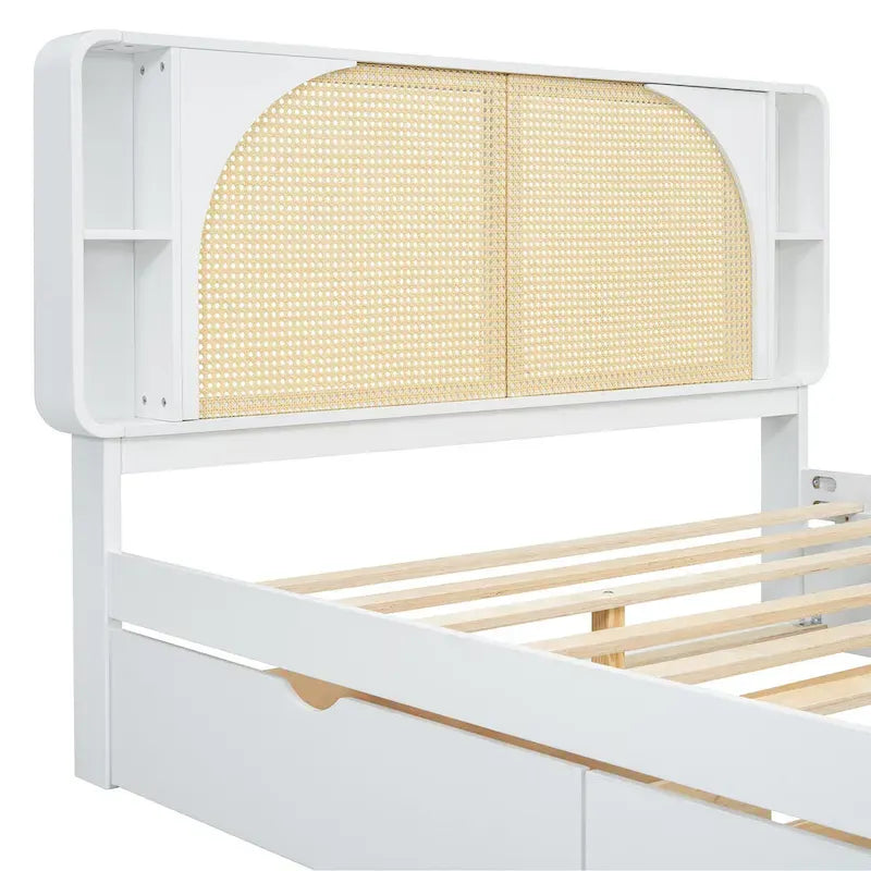 White Queen Size Platform Bed with Rattan Headboard,Two Drawers and Trundle