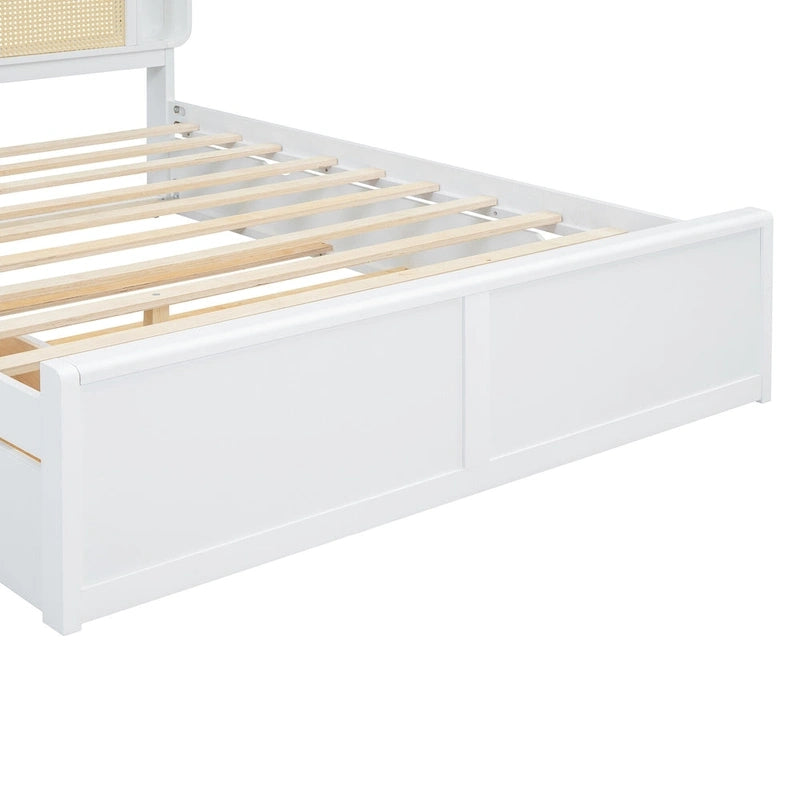 White Queen Size Platform Bed with Rattan Headboard,Two Drawers and Trundle
