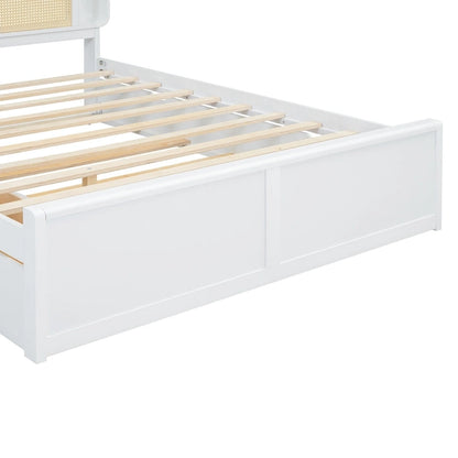 White Queen Size Platform Bed with Rattan Headboard,Two Drawers and Trundle