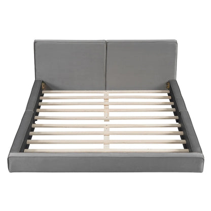Gray Queen Size Upholstered Bed with Velvet Fabric
