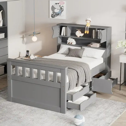 Gray Twin Size Captain Platform Bed with Four Drawers, Storage Bookcases and Shelves