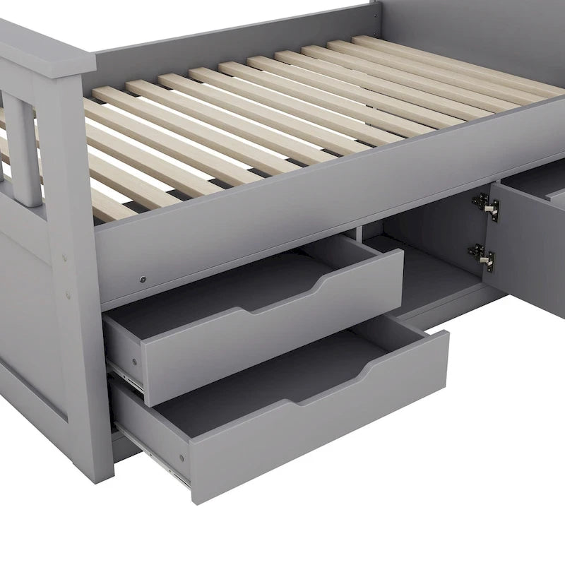 Gray Twin Size Captain Platform Bed with Four Drawers, Storage Bookcases and Shelves