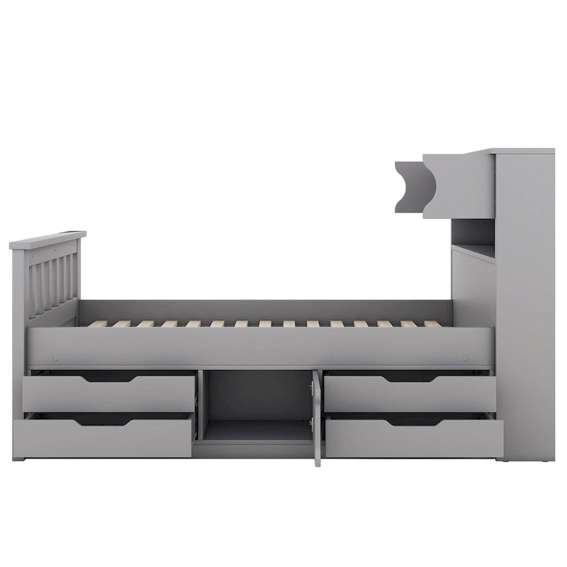 Gray Twin Size Captain Platform Bed with Four Drawers, Storage Bookcases and Shelves