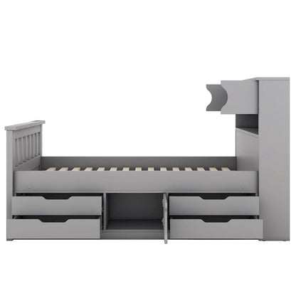 Gray Twin Size Captain Platform Bed with Four Drawers, Storage Bookcases and Shelves