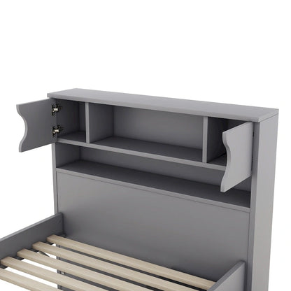 Gray Twin Size Captain Platform Bed with Four Drawers, Storage Bookcases and Shelves