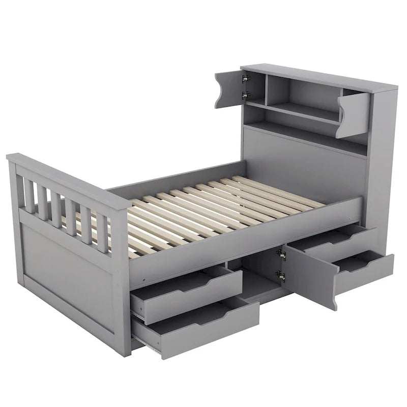 Gray Twin Size Captain Platform Bed with Four Drawers, Storage Bookcases and Shelves