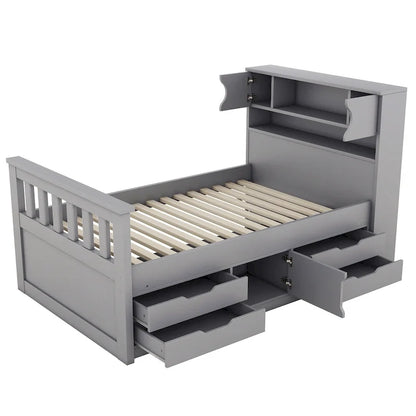 Gray Twin Size Captain Platform Bed with Four Drawers, Storage Bookcases and Shelves