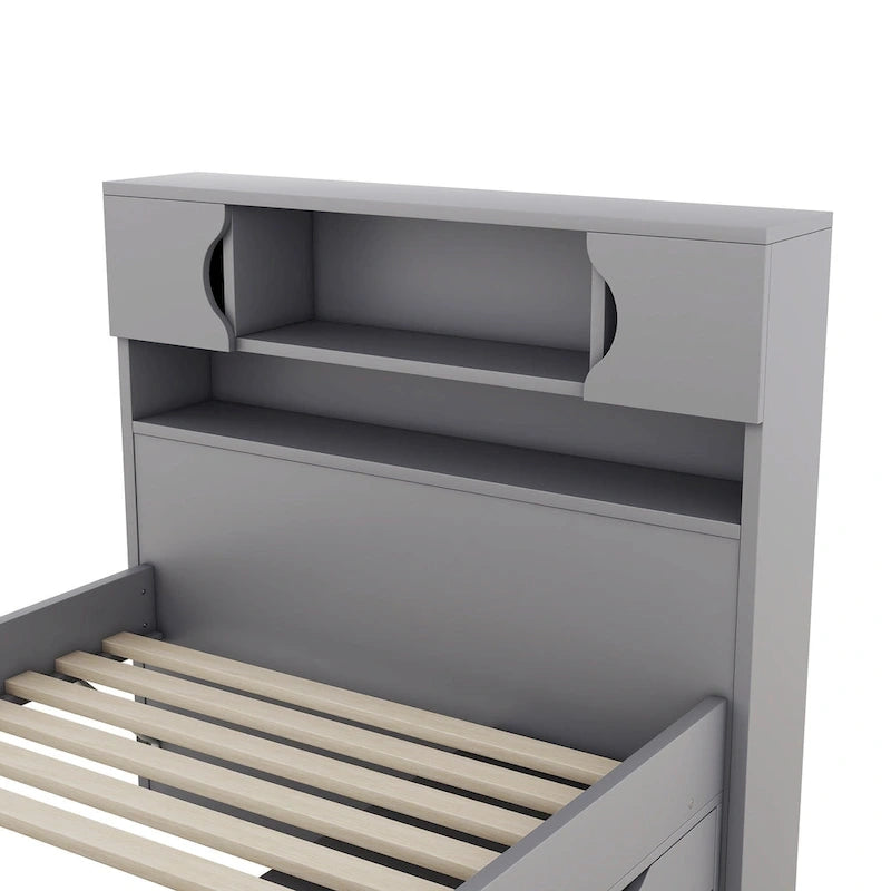 Gray Twin Size Captain Platform Bed with Four Drawers, Storage Bookcases and Shelves