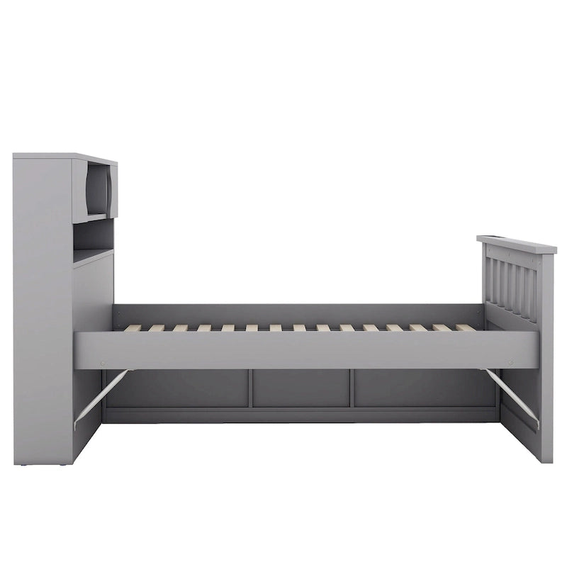 Gray Twin Size Captain Platform Bed with Four Drawers, Storage Bookcases and Shelves