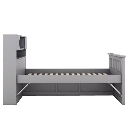 Gray Twin Size Captain Platform Bed with Four Drawers, Storage Bookcases and Shelves