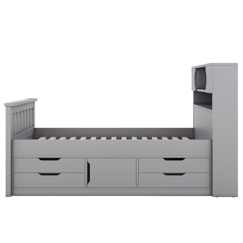 Gray Twin Size Captain Platform Bed with Four Drawers, Storage Bookcases and Shelves