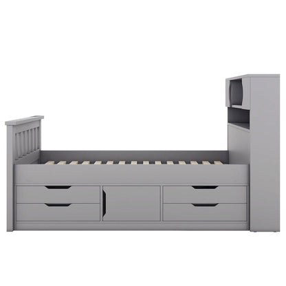 Gray Twin Size Captain Platform Bed with Four Drawers, Storage Bookcases and Shelves