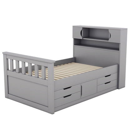 Gray Twin Size Captain Platform Bed with Four Drawers, Storage Bookcases and Shelves