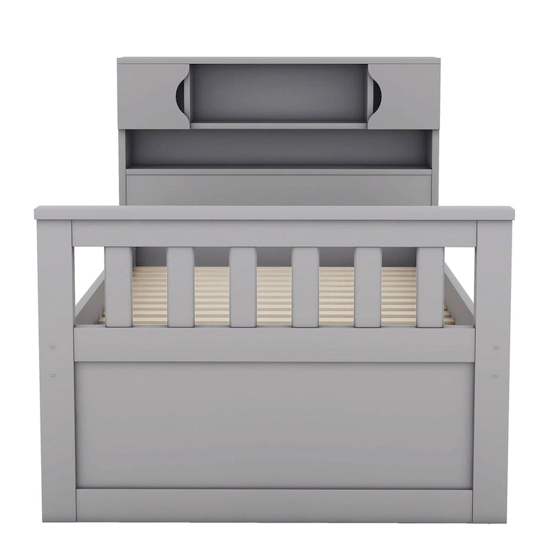 Gray Twin Size Captain Platform Bed with Four Drawers, Storage Bookcases and Shelves