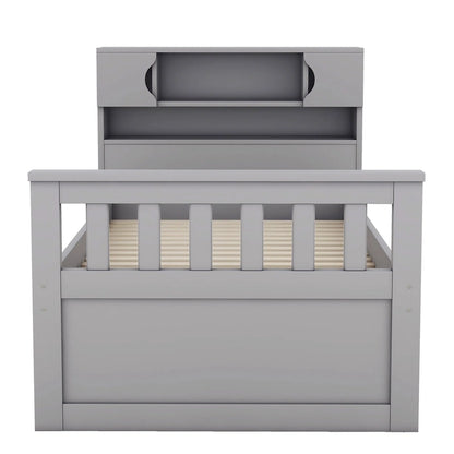 Gray Twin Size Captain Platform Bed with Four Drawers, Storage Bookcases and Shelves