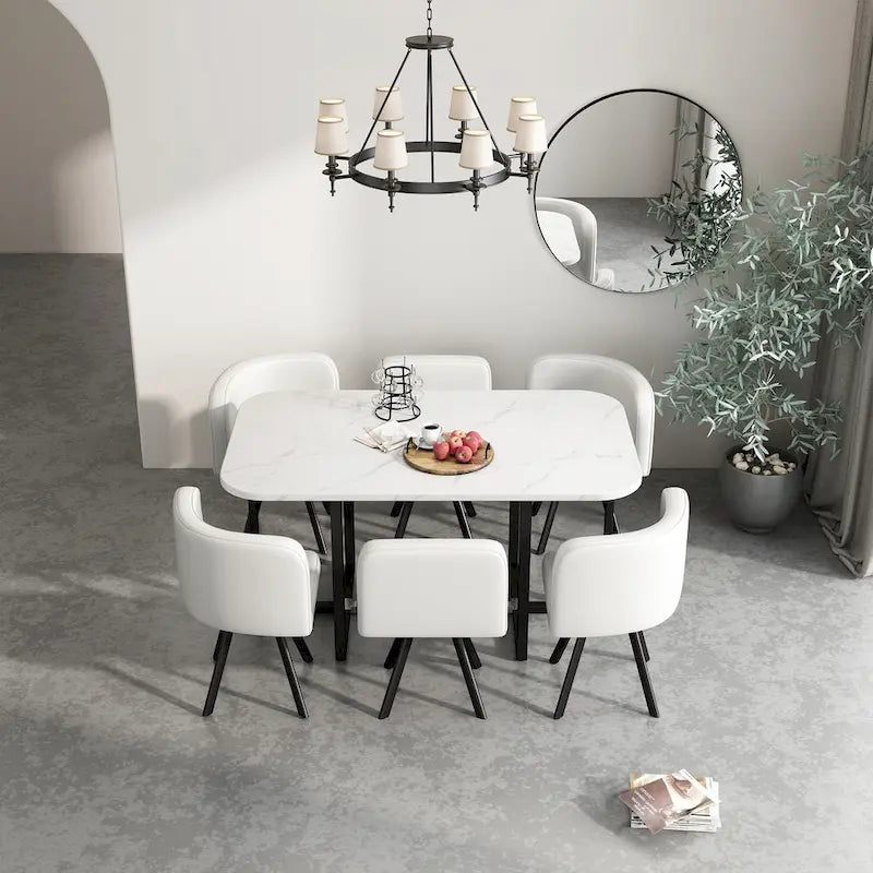 Modern 7-Piece Dining Set with Rectangular Marble Table & 6 Upholstered Chairs