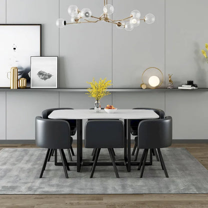 Modern 7-Piece Dining Set with Rectangular Marble Table & 6 Upholstered Chairs