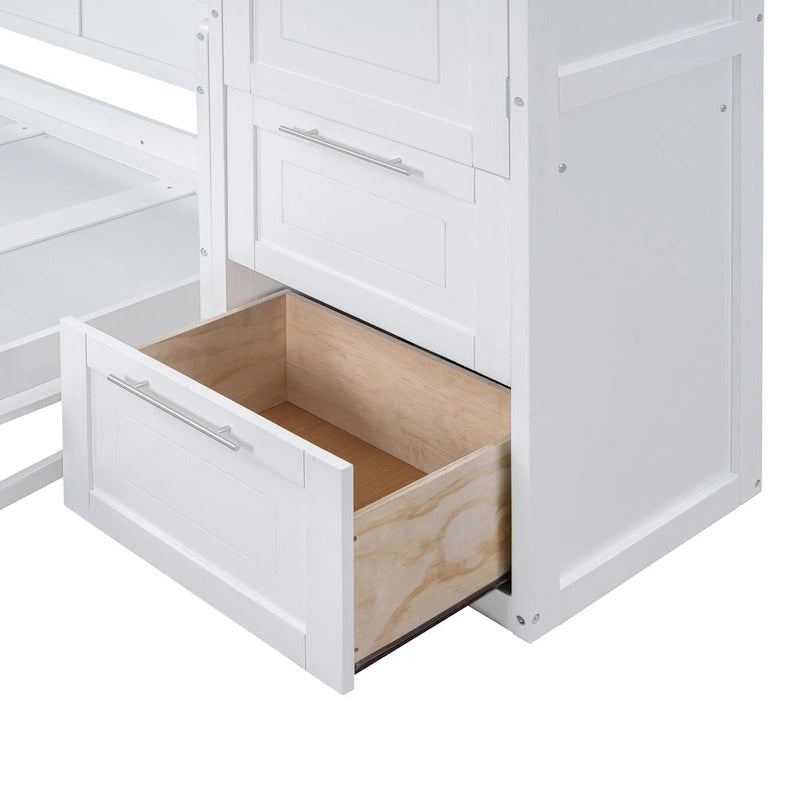 White Full Size Murphy Bed with Built-in Shelf and Drawers