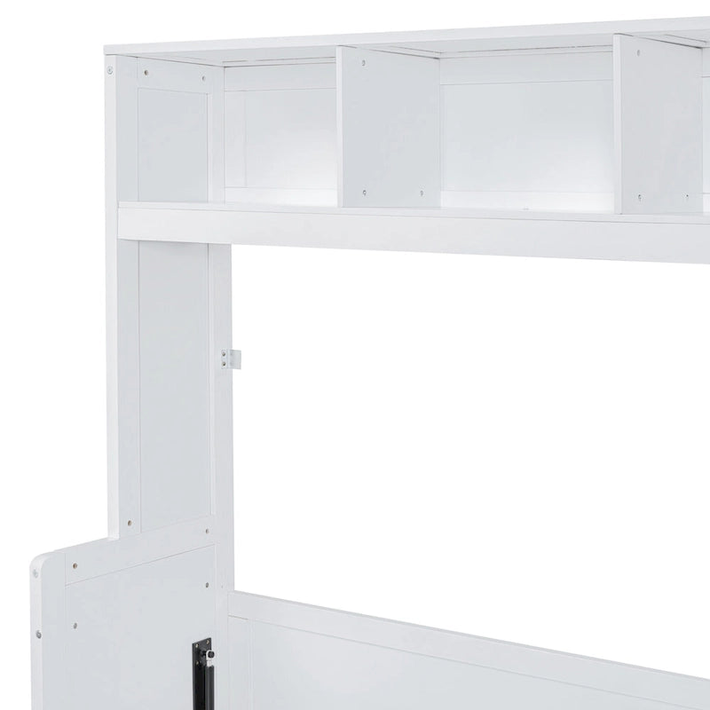 White Full Size Murphy Bed with Built-in Shelf and Drawers