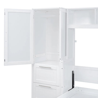 White Full Size Murphy Bed with Built-in Shelf and Drawers
