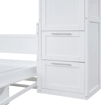 White Full Size Murphy Bed with Built-in Shelf and Drawers