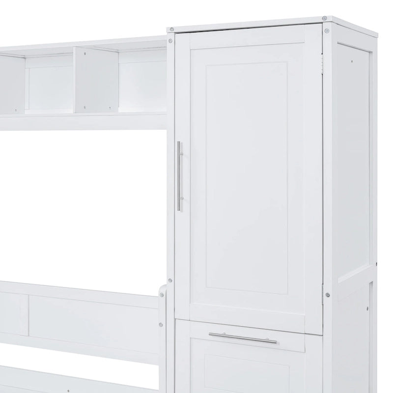 White Full Size Murphy Bed with Built-in Shelf and Drawers