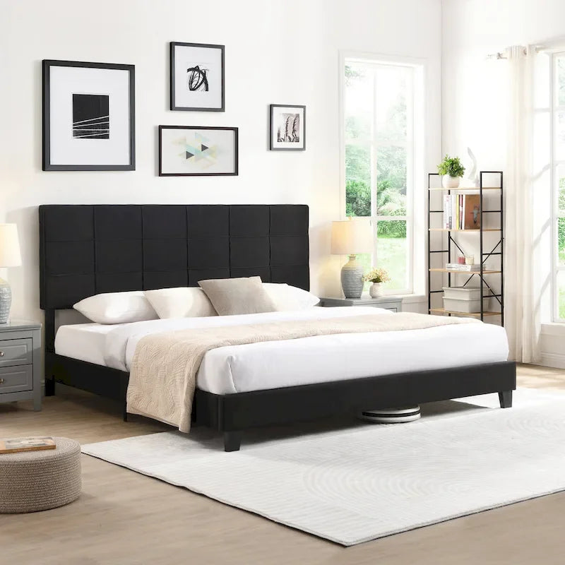 Black King Upholstered Platform Bed with Button Tufted Headboard and Wood Slats - No Box Spring Needed