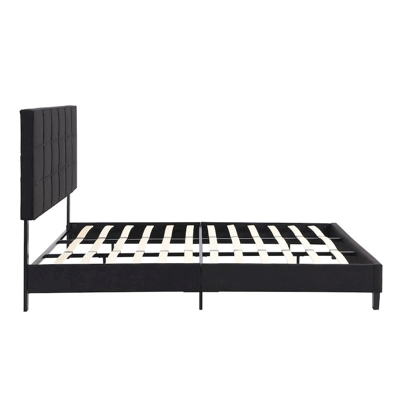 Black King Upholstered Platform Bed with Button Tufted Headboard and Wood Slats - No Box Spring Needed