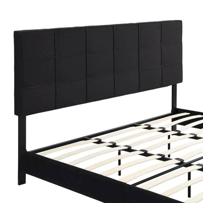 Black King Upholstered Platform Bed with Button Tufted Headboard and Wood Slats - No Box Spring Needed