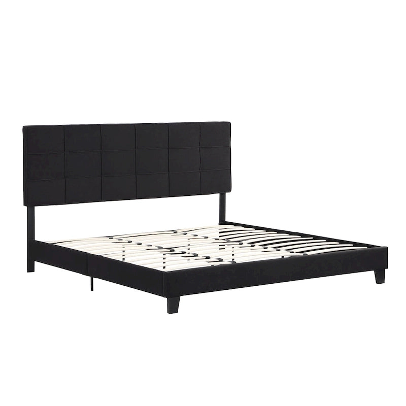 Black King Upholstered Platform Bed with Button Tufted Headboard and Wood Slats - No Box Spring Needed