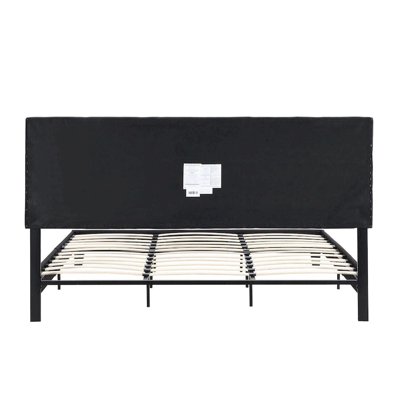 Black King Upholstered Platform Bed with Button Tufted Headboard and Wood Slats - No Box Spring Needed