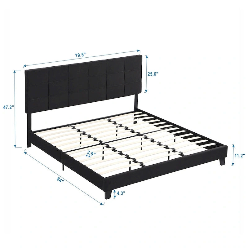 Black King Upholstered Platform Bed with Button Tufted Headboard and Wood Slats - No Box Spring Needed