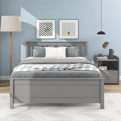 Grey Pine Wood Full Bed with Slatted Headboard and Footboard - No Box Spring Required, Includes Nightstand