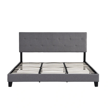 Grey King Linen Upholstered Platform Bed with Tufted Headboard, Strong Wood Slat Support - No Box Spring Needed