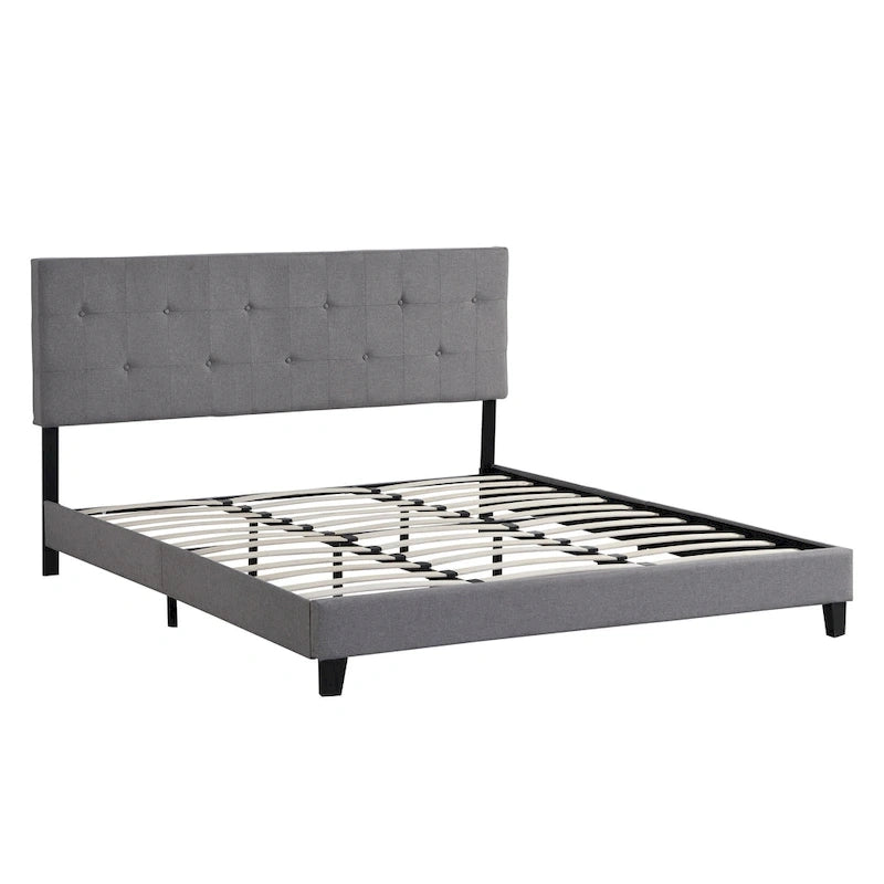 Grey King Linen Upholstered Platform Bed with Tufted Headboard, Strong Wood Slat Support - No Box Spring Needed
