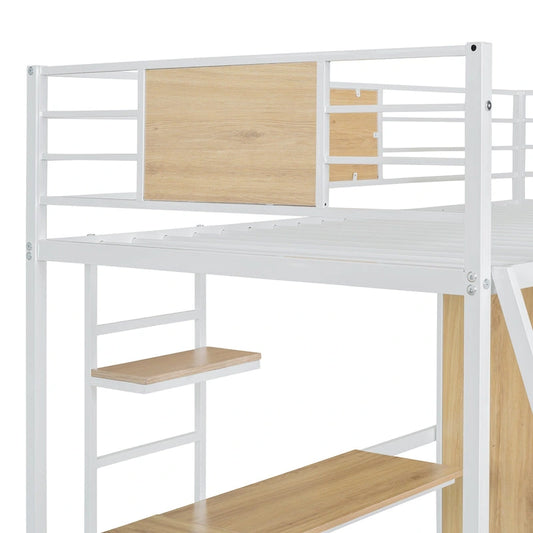White Twin Size Metal Wood Loft bed with L-shape Desk, Wardrobe, Fence and Ladder