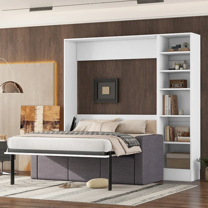 White Full Size Versatile Murphy Bed with Floor-Level Storage, Sofa, and Shelves