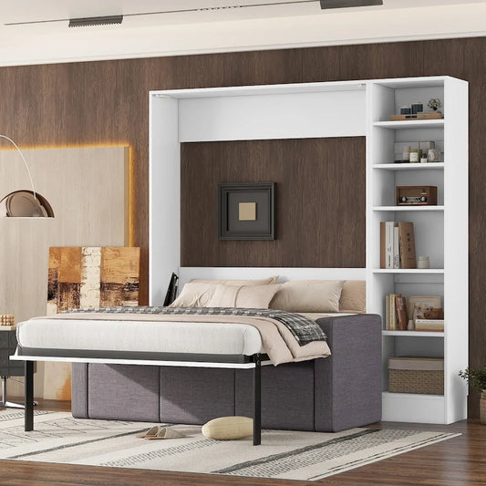 White Full Size Versatile Murphy Bed with Floor-Level Storage, Sofa, and Shelves