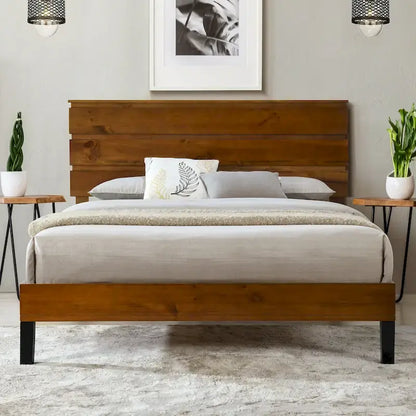 Brown King Size Mid-Century Solid Wood Platform Bed with Three-Piece Headboard