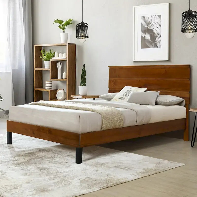 Brown King Size Mid-Century Solid Wood Platform Bed with Three-Piece Headboard