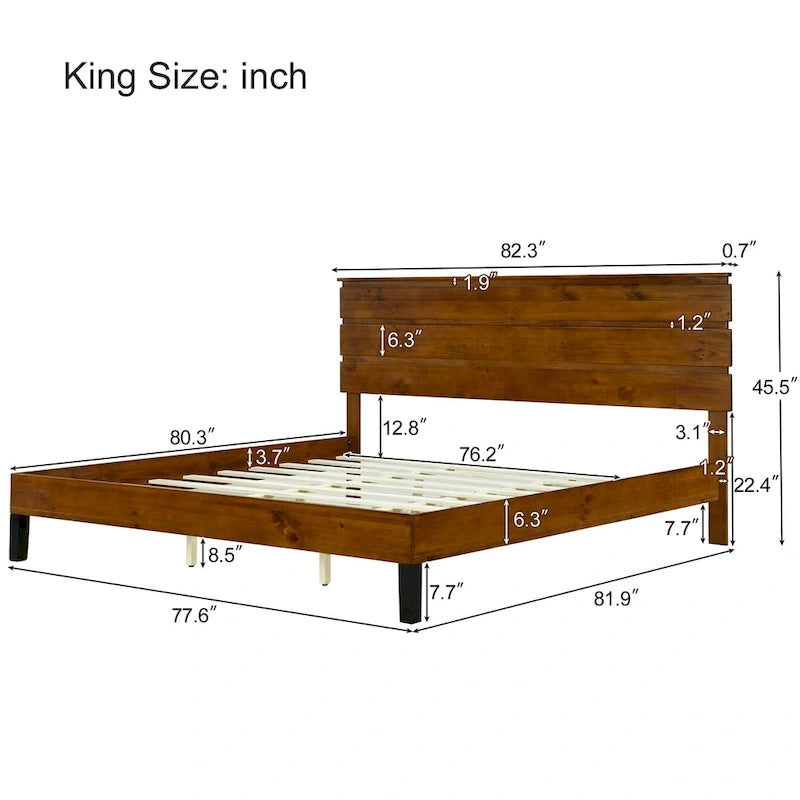Brown King Size Mid-Century Solid Wood Platform Bed with Three-Piece Headboard