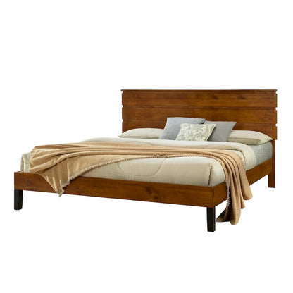 Brown King Size Mid-Century Solid Wood Platform Bed with Three-Piece Headboard