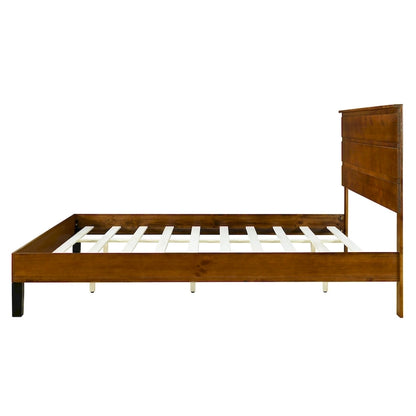 Brown King Size Mid-Century Solid Wood Platform Bed with Three-Piece Headboard