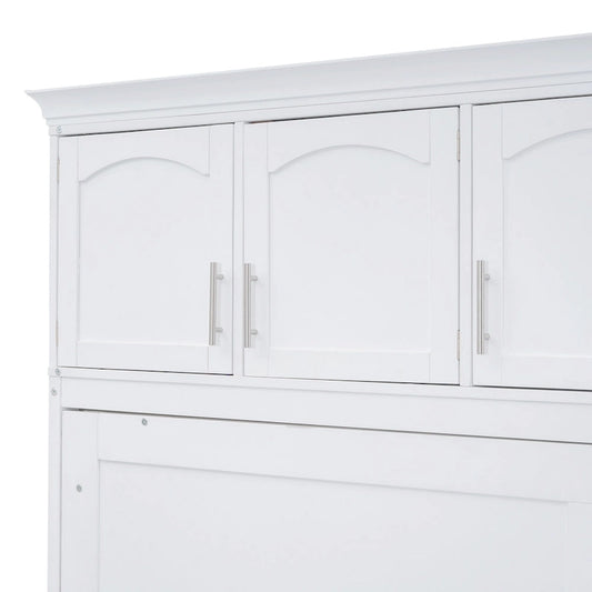 White Full Size Multifunction Murphy Bed with Top Cabinets