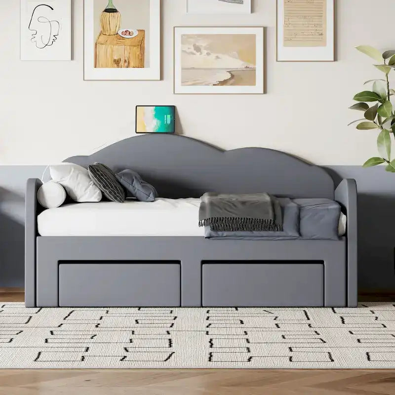 Twin Cloud Velvet Daybed with Trundle, Drawers, and USB