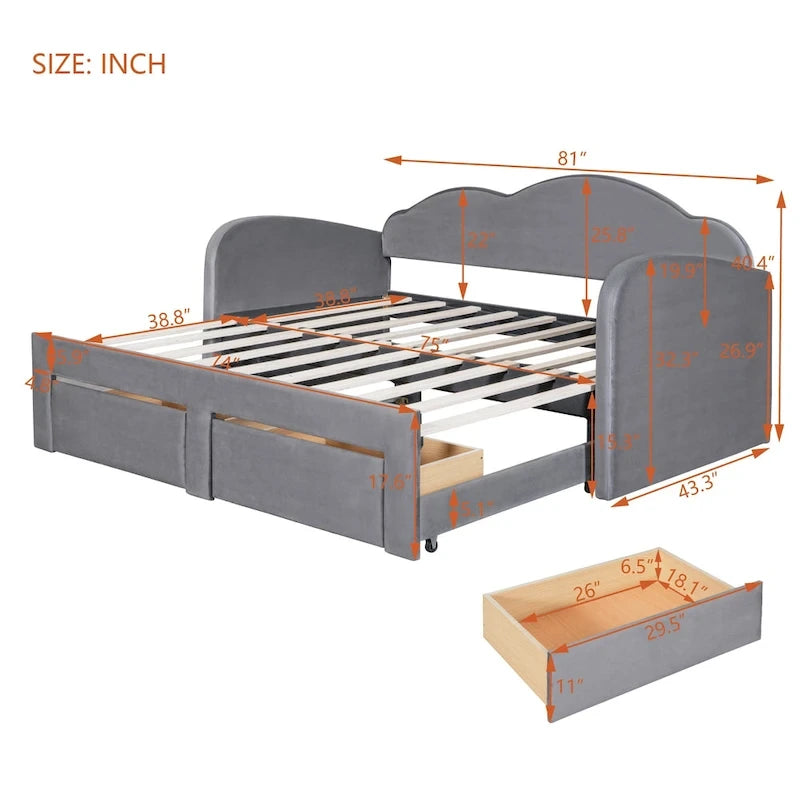 Twin Cloud Velvet Daybed with Trundle, Drawers, and USB
