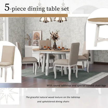 5-Piece Wooden Dining Table Set with Extendable Round Table & 4 Chairs
