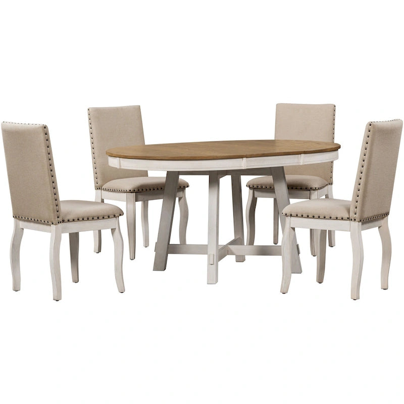 5-Piece Wooden Dining Table Set with Extendable Round Table & 4 Chairs