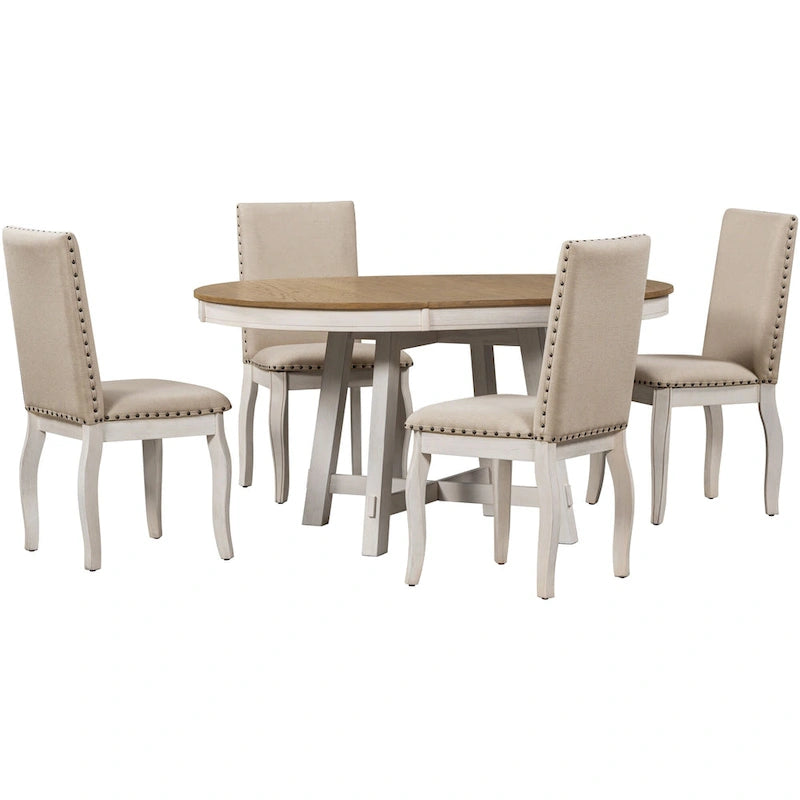 5-Piece Wooden Dining Table Set with Extendable Round Table & 4 Chairs