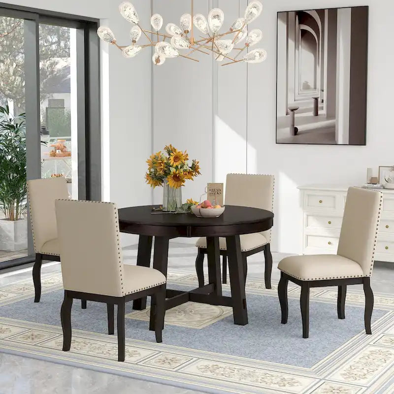 5-Piece Wooden Dining Table Set with Extendable Round Table & 4 Chairs